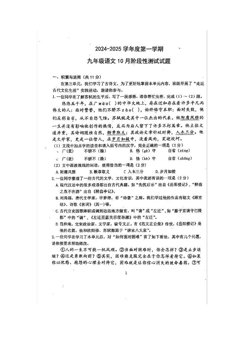 2024-2025学年度第一学期九年级语文10月月考测试试题第1页