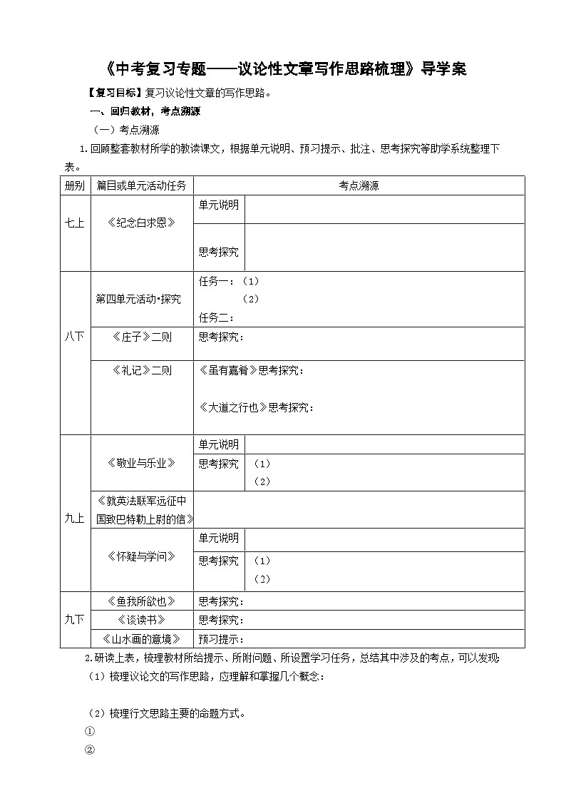 中考议论文写作思路梳理专题复习导学案第1页