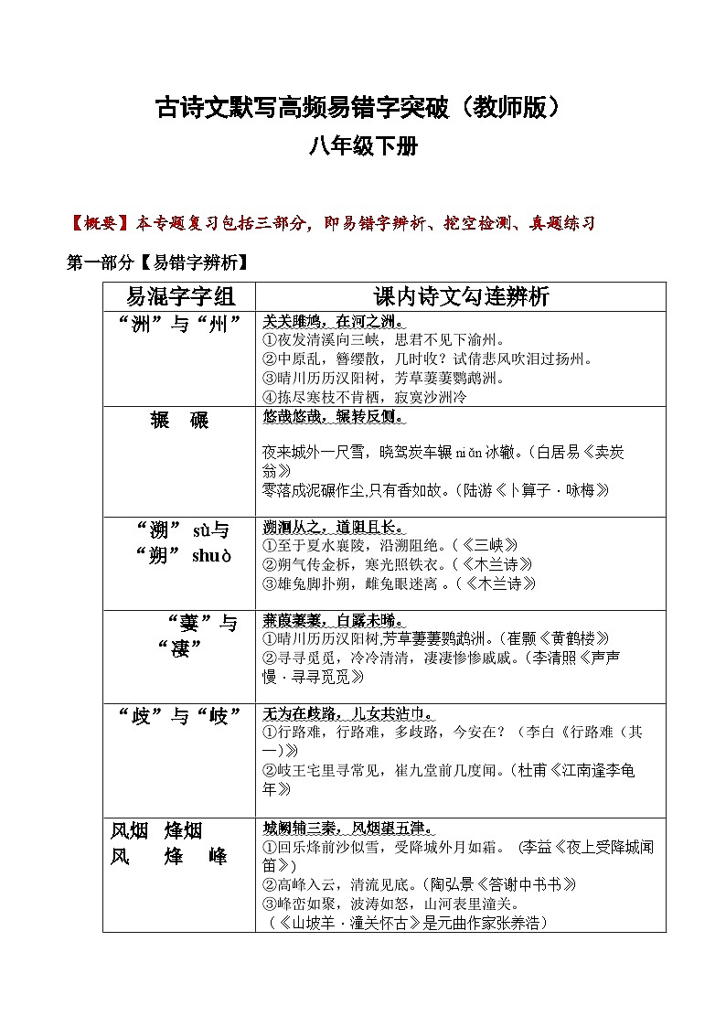 八年级下册古诗文默写易错字突破（配套练习）（教师版）第1页