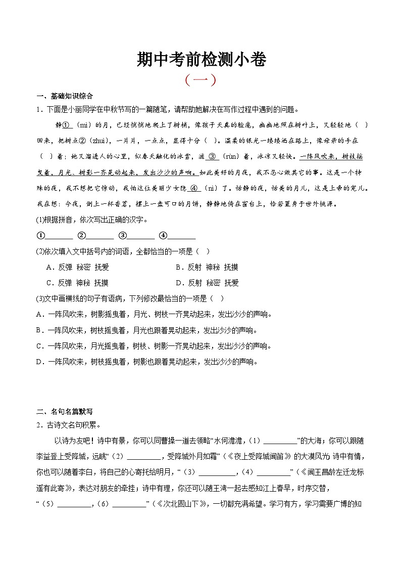 考前检测小卷（一）（附答案） 2024—2025学年七年级语文上册期中测试小卷（浙江版）第1页
