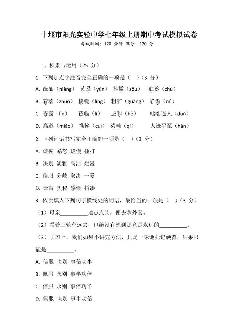 湖北省十堰市阳光实验中学2024～2025学年语文七年级上册期中考试模拟试卷（含答案）第1页