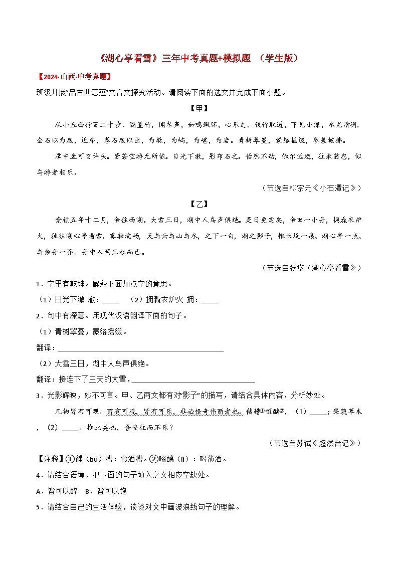 备战2025年中考语文课内文言文(统编版)03《湖心亭看雪》三年中考真题+模拟题(学生版+解析)第1页