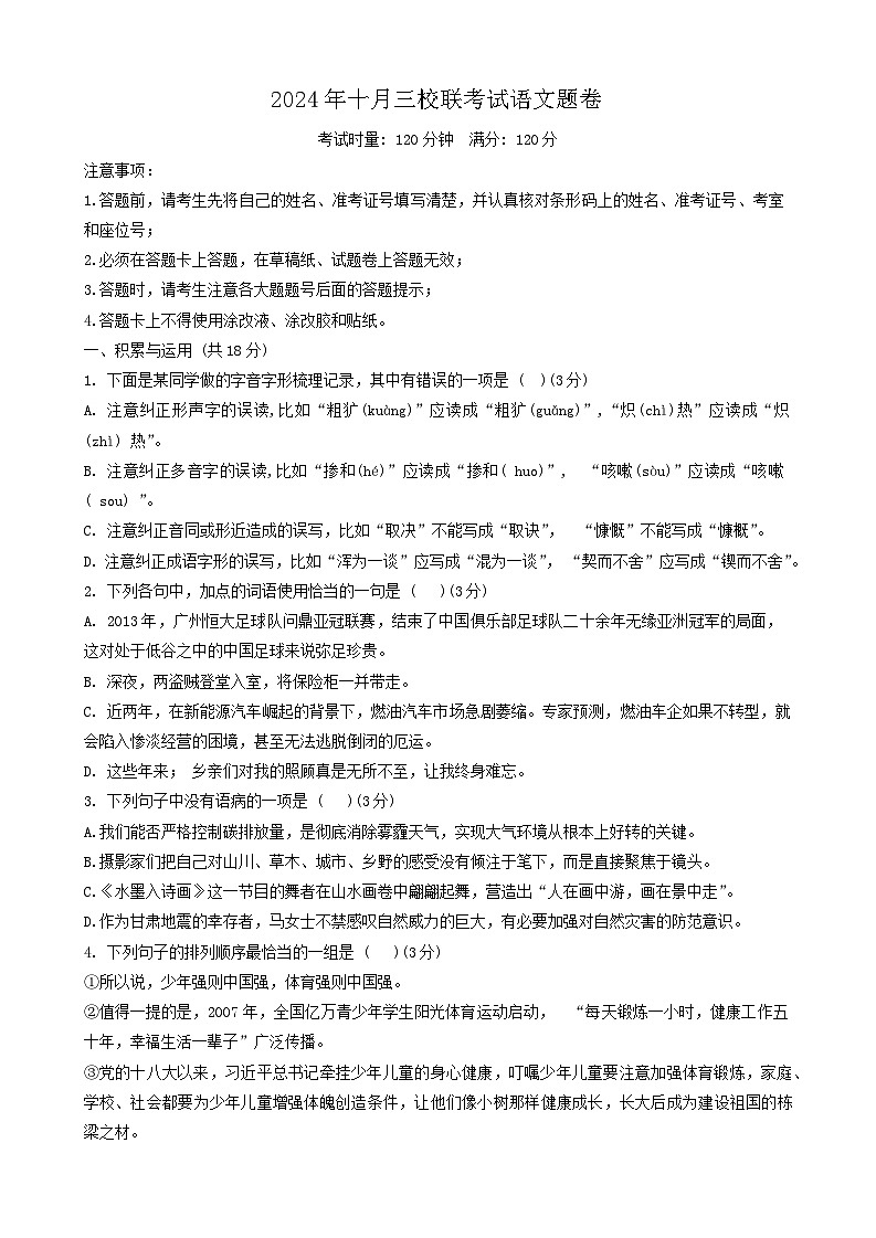 湖南省邵阳市新宁县三校2024-2025学年九年级上学期10月期中语文试题第1页