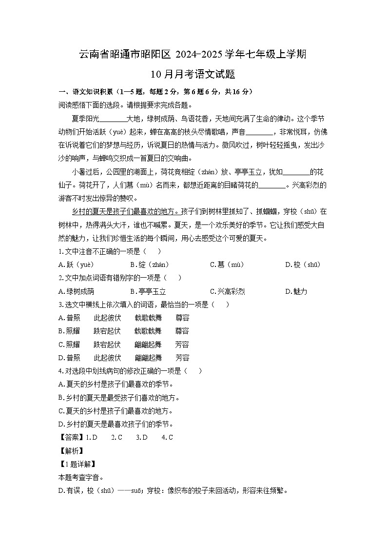 云南省昭通市昭阳区2024-2025学年七年级上学期10月月考语文试题（解析版）第1页