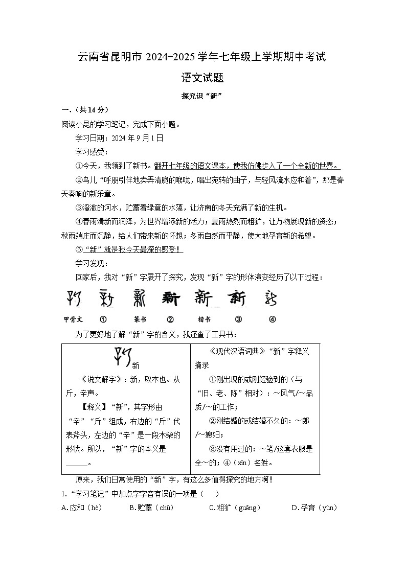 云南省昆明市2024-2025学年七年级上学期期中考试语文试题（解析版）第1页