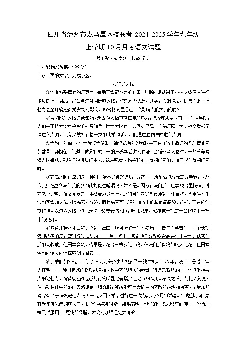 四川省泸州市龙马潭区校联考2024-2025学年九年级上学期10月月考语文试题（解析版）第1页