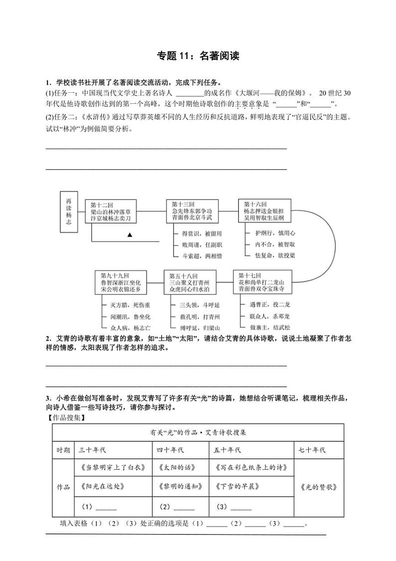 统编九上语文期中期末专题复习好题必刷专题11 名著阅读《艾青诗选》《水浒传》（原卷版+解析版）第1页