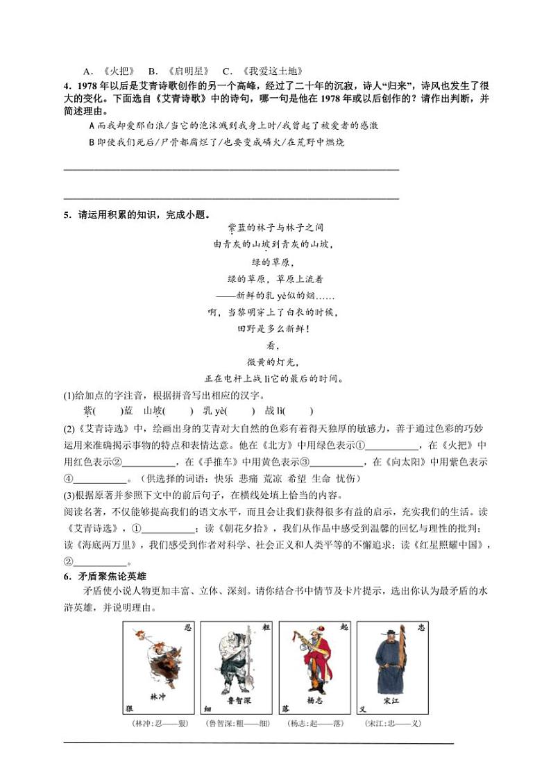 统编九上语文期中期末专题复习好题必刷专题11 名著阅读《艾青诗选》《水浒传》（原卷版+解析版）第2页