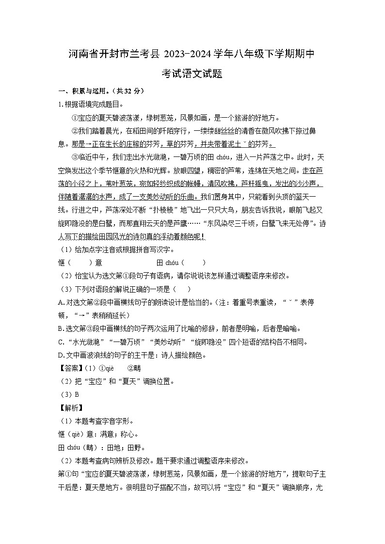 河南省开封市兰考县2023-2024学年八年级下学期期中考试语文试卷（解析版）第1页