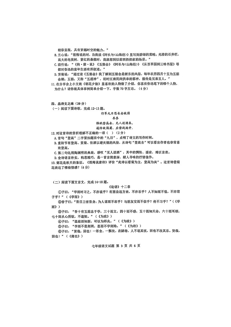 山东省临沂市莒南县大店镇第二初级中学2024-2025学年七年级上学期11月期中语文试题第3页