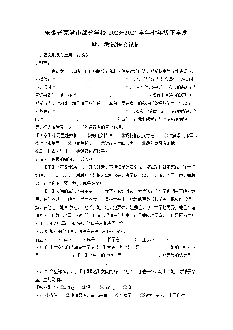 安徽省芜湖市部分学校2023-2024学年七年级下学期期中考试语文试卷（解析版）第1页