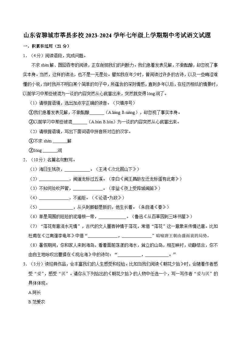 山东省聊城市莘县多校2023-2024学年七年级上学期期中考试语文试题第1页
