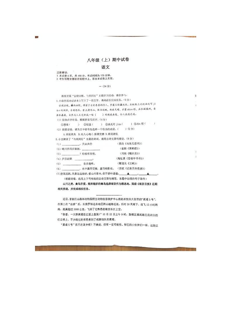 江苏省南京市鼓楼区2024-2025学年八年级上学期期中考试语文试题第1页