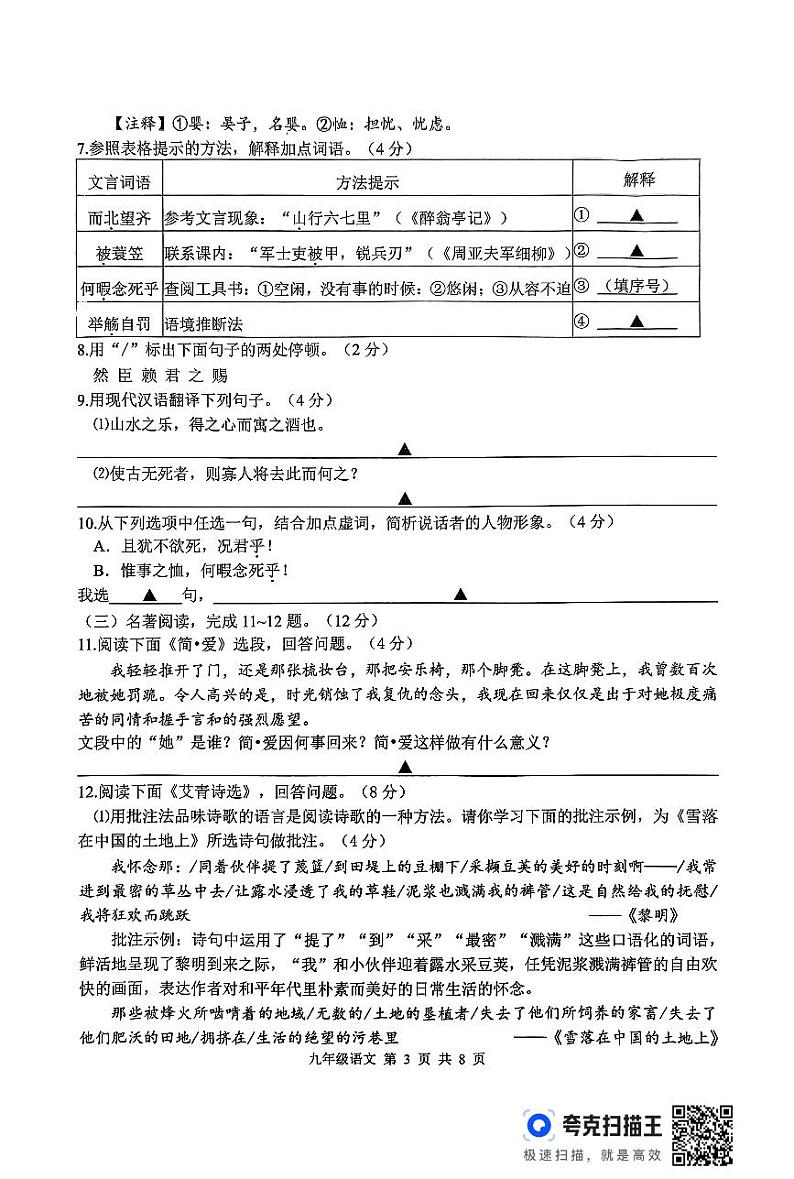 2024年秋学期九年级期中学情调查语文试卷第3页