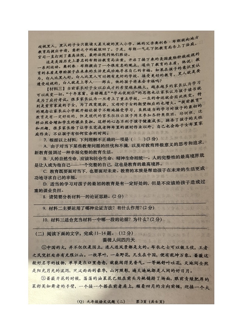 青海省格尔木市第三中学2024-2025学年九年级上学期阶段性学习效果评估二（期中）语文试题第3页
