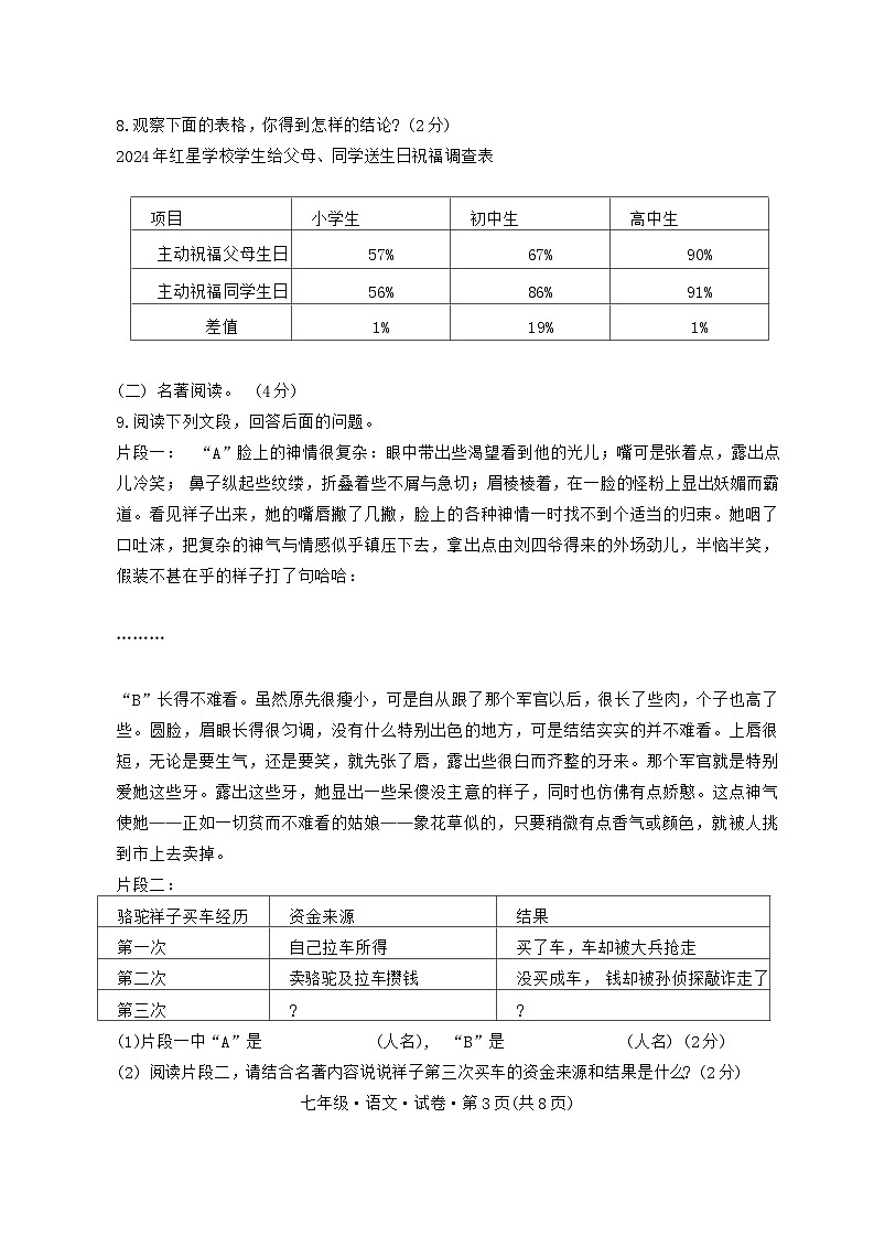 云南省曲靖市沾益区2023-2024学年下学期期中考试七年级语文试卷第3页