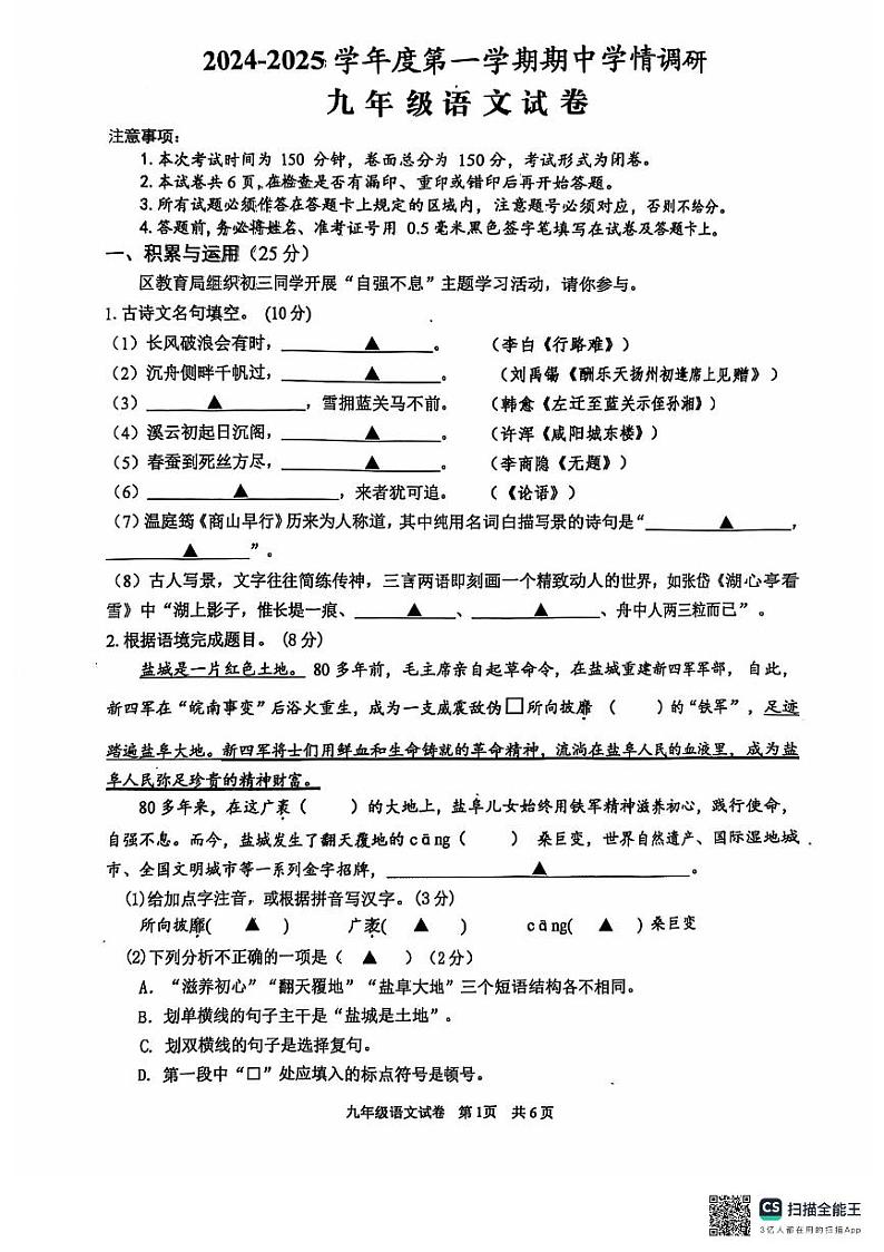 江苏省盐城市大丰区2024-2025学年九年级上学期11月期中语文试题第1页