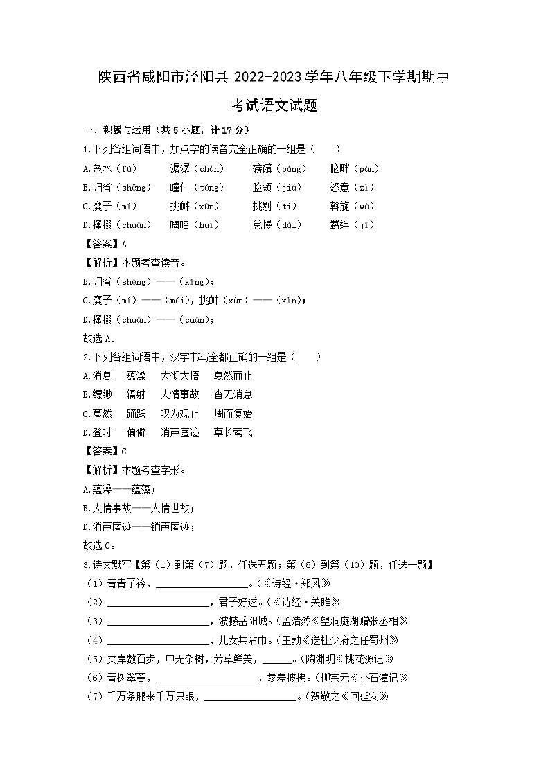 陕西省咸阳市泾阳县2022-2023学年八年级下学期期中考试语文试卷(解析版)第1页