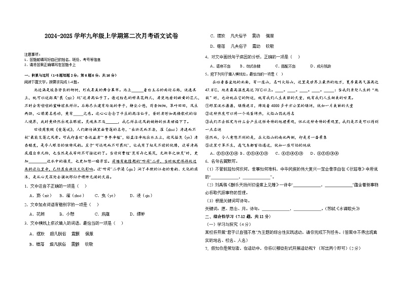 云南省保山市龙陵县第三中学2024-2025学年九年级上学期11月期中考试语文试题第1页
