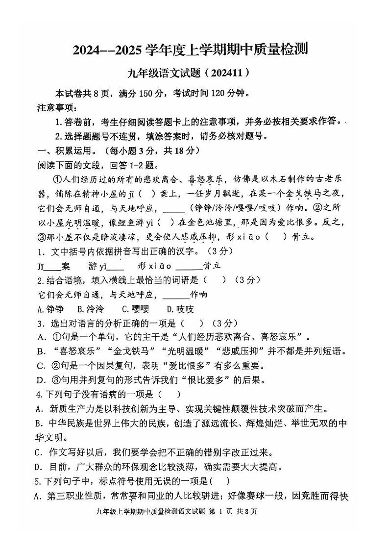 山东省泰安市东平县2024-2025学年九年级上学期11月期中考试语文试题01