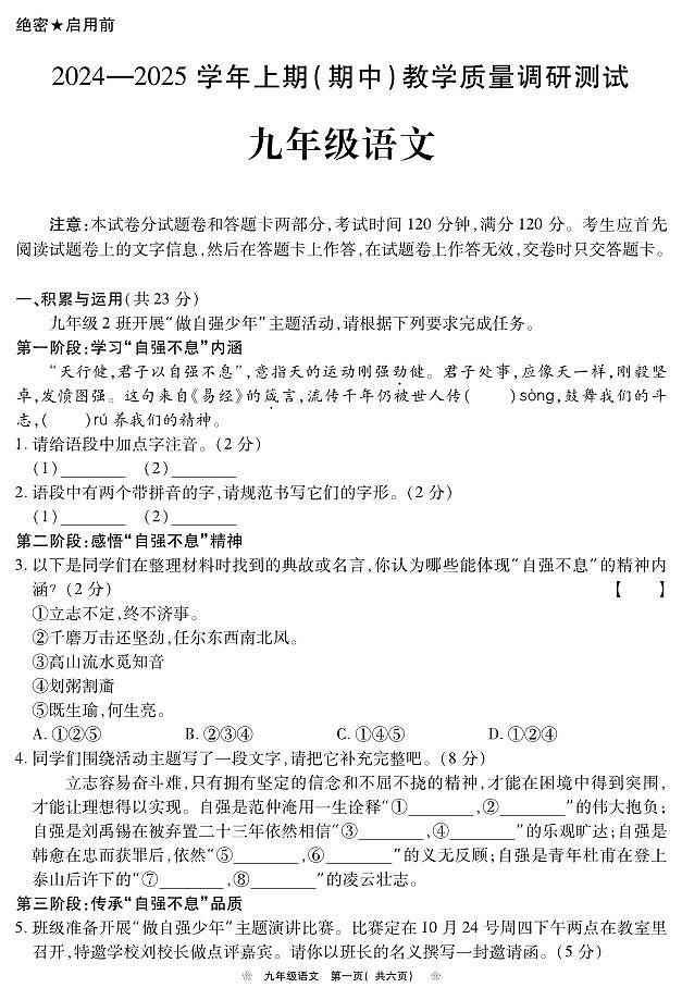 河南省鹤壁市2024-2025学年上期期中教学质量调研九年级语文试卷第1页