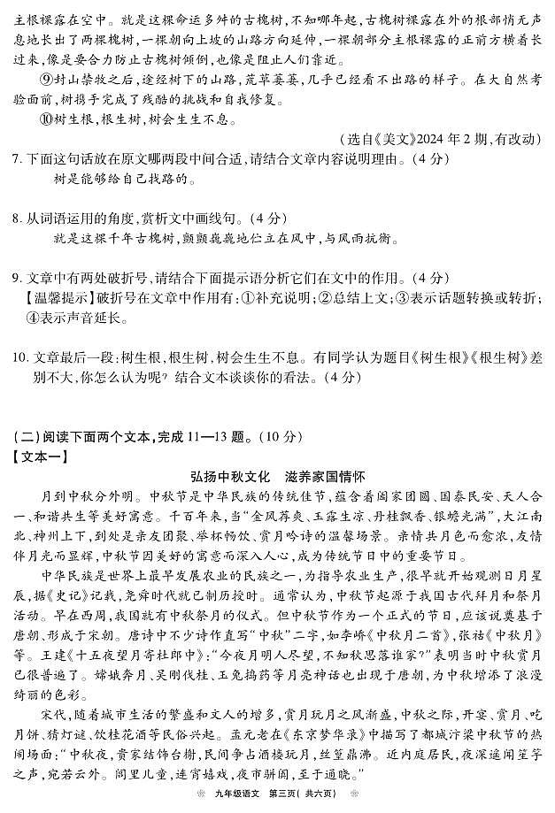 河南省鹤壁市2024-2025学年上期期中教学质量调研九年级语文试卷第3页