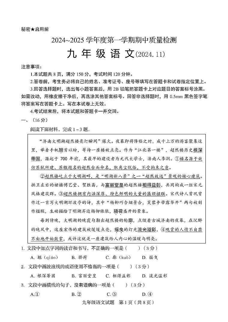 山东省济南市槐荫区2024-2025学年九年级上学期11月期中语文试题01