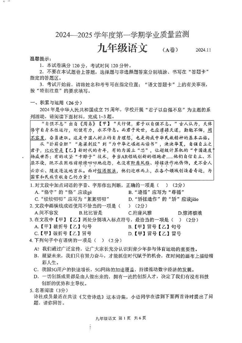 山东省枣庄市山亭区2024-2025学年九年级上学期期中语文试题第1页