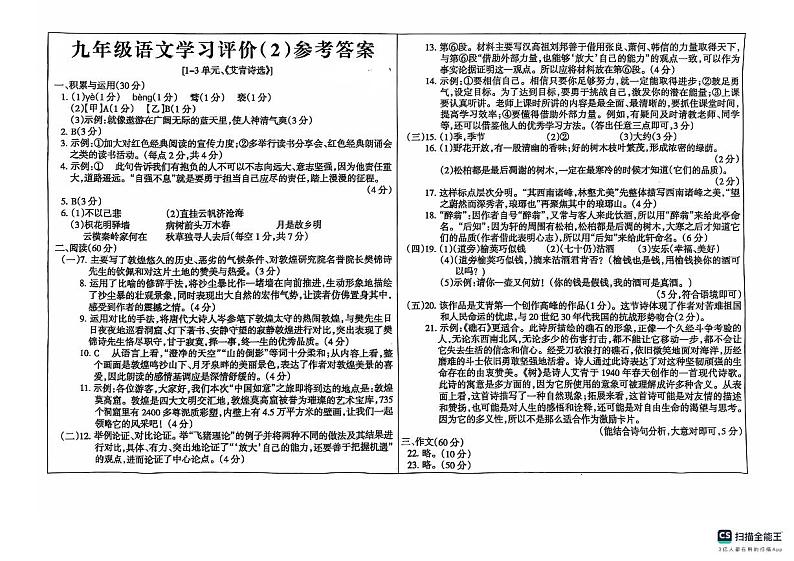 九年级语文答案第1页