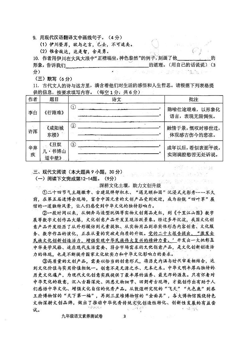 师大24秋季九年级语文期中测试题(2)第3页
