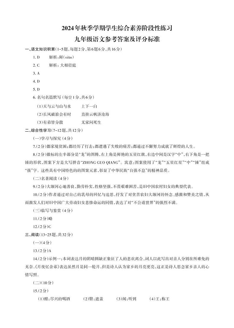 云南省昭通市永善县2024-2025学年九年级上学期11月期中考试语文试题01