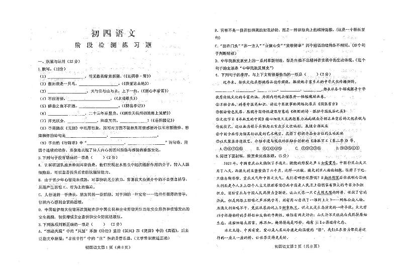 山东省烟台市芝罘区（五四制）2024-2025学年九年级上学期期中考试语文试题01