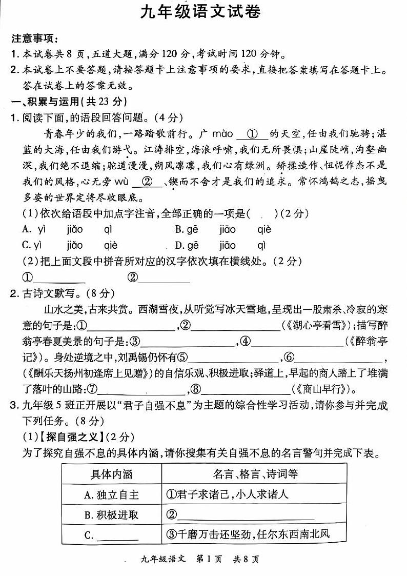 2024-2025洛阳市老城区九上11月期中考试语文试题01