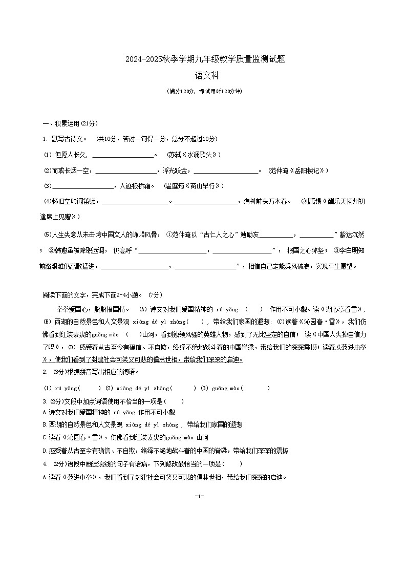 广东省梅州市兴宁市实验学校2024-2025学年九年级上学期期中考试语文试卷第1页