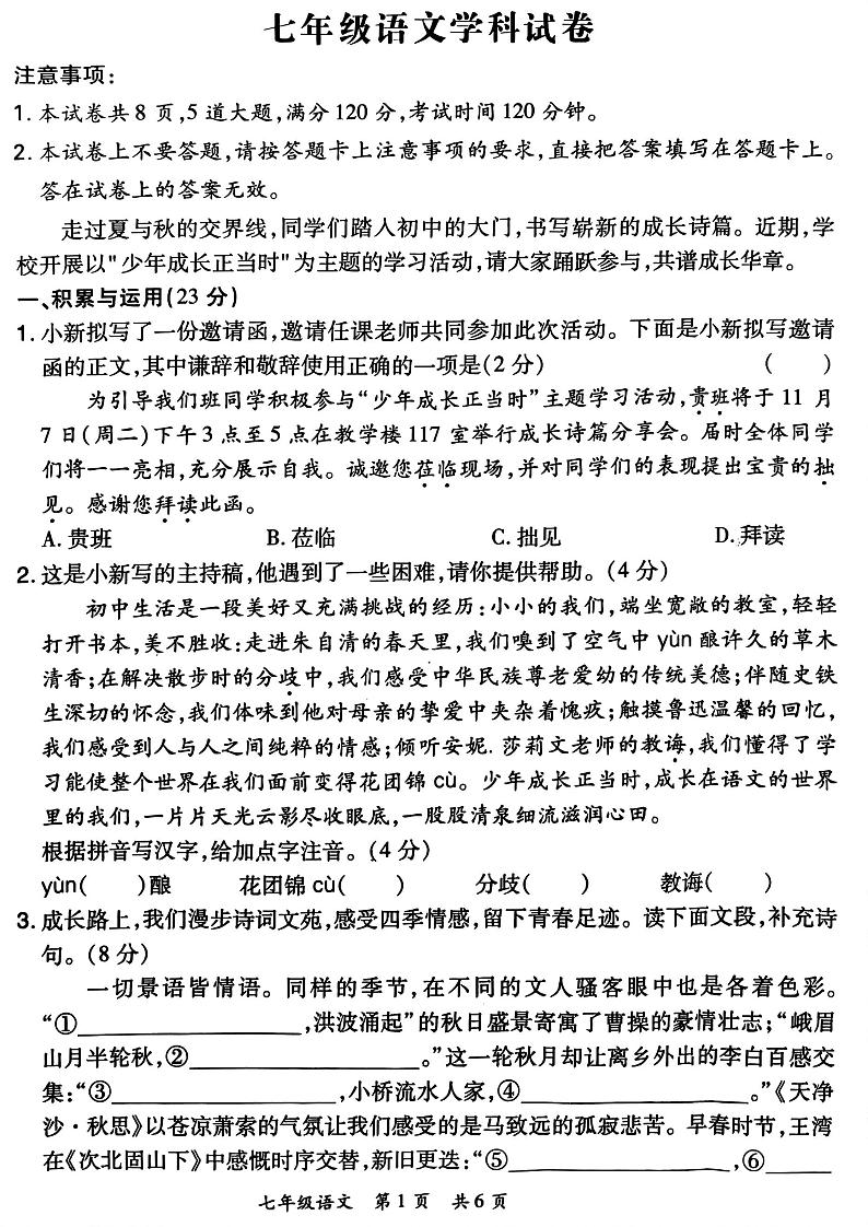 2024-2025洛阳市老城区七上11月期中考试语文试题第1页