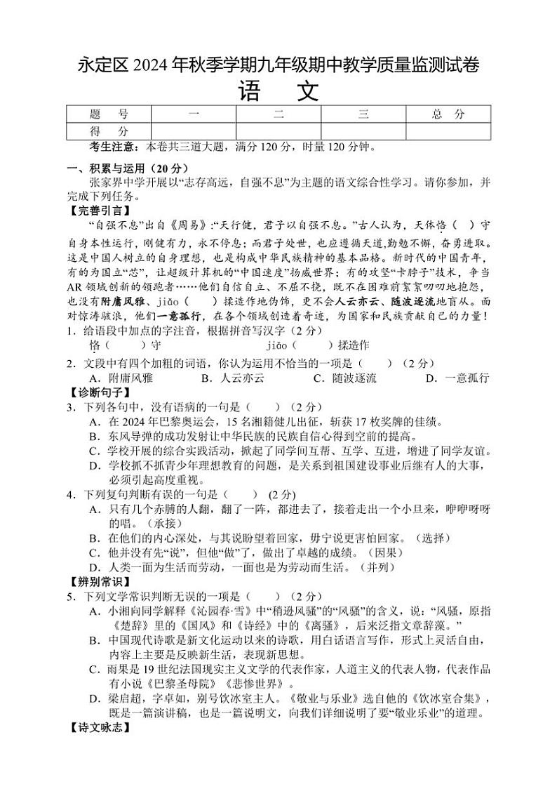 湖南省张家界市永定区2024～2025学年九年级上学期期中考试语文试题（含答案）第1页