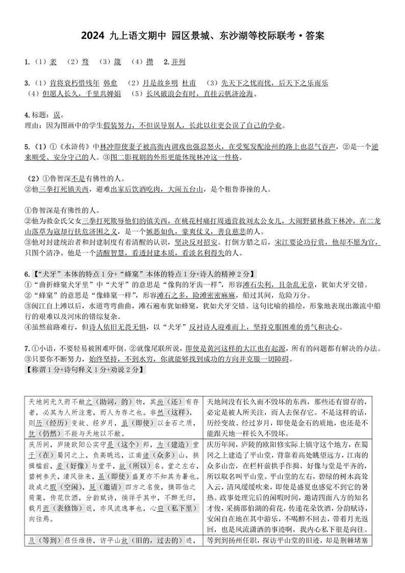 江苏省苏州市工业园区景城、东沙湖等校2024～2025学年九年级上学期期中考试语文试题（含答案）第1页