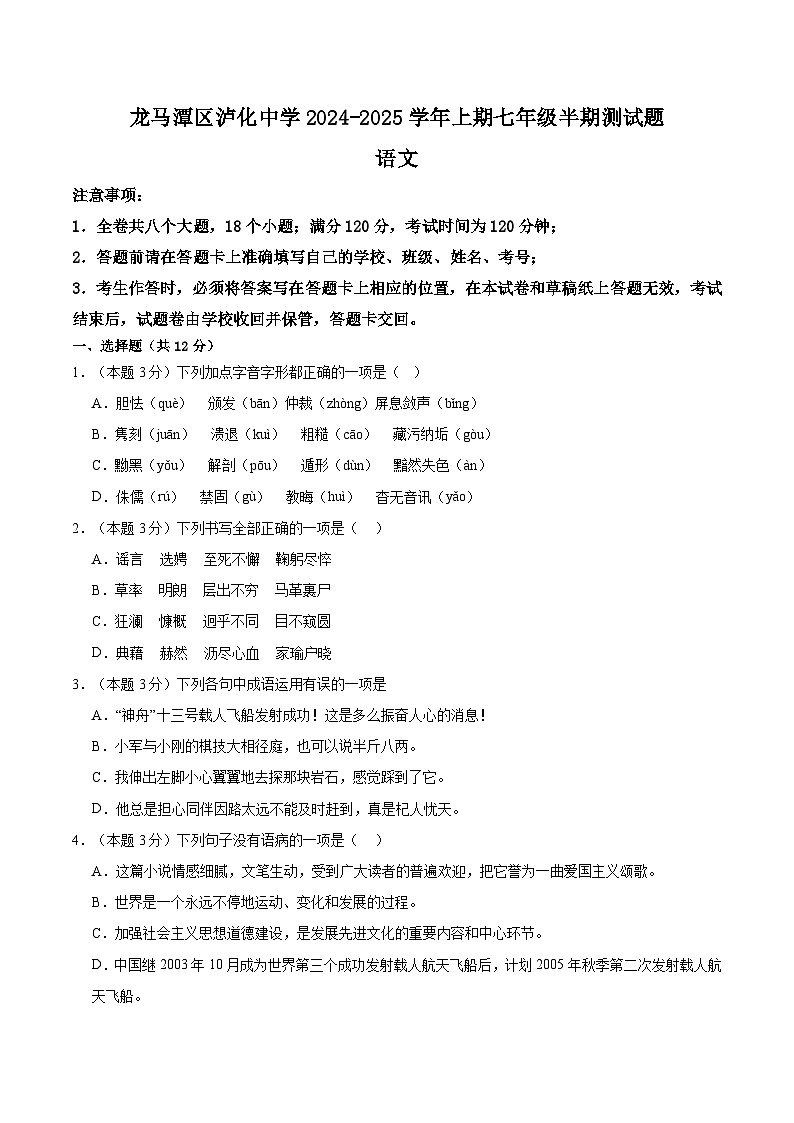 四川省泸州市龙马潭区泸化中学2024-2025学年七年级上学期11月期中考试语文试题第1页