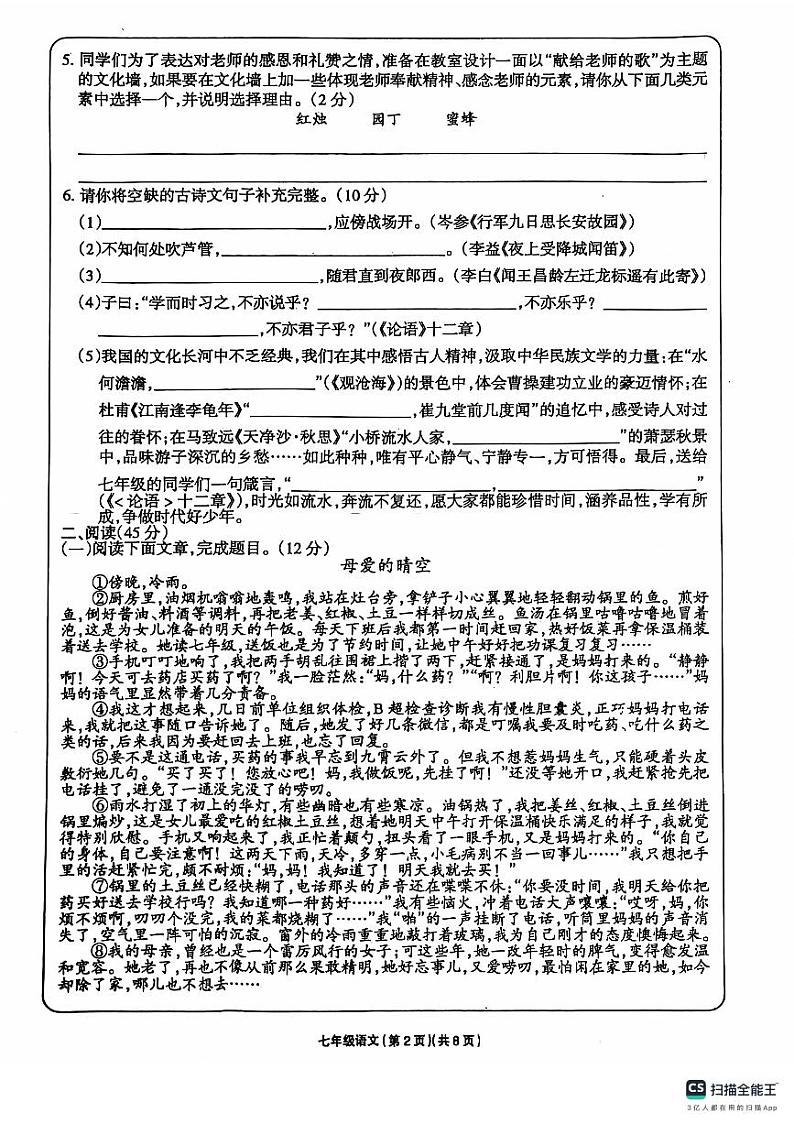 甘肃省庆阳市镇原县2024-2025学年七年级上学期期中考试语文试题第2页