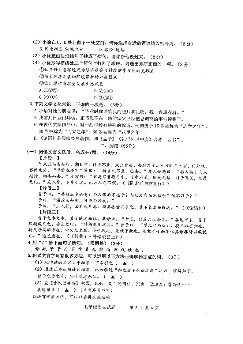 江苏省徐州市邳州市2024-2025学年七年级上学期语文期中试卷02