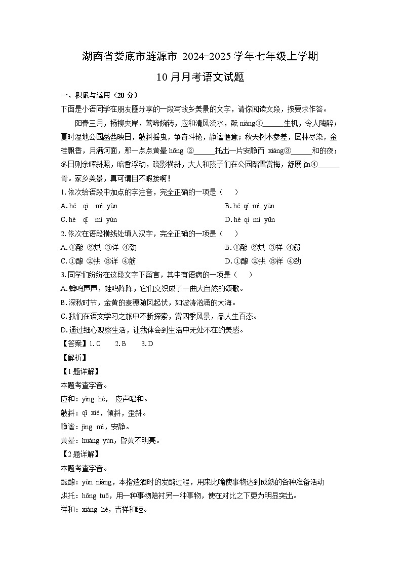 湖南省娄底市涟源市2024-2025学年七年级上学期10月月考语文试卷（解析版）01