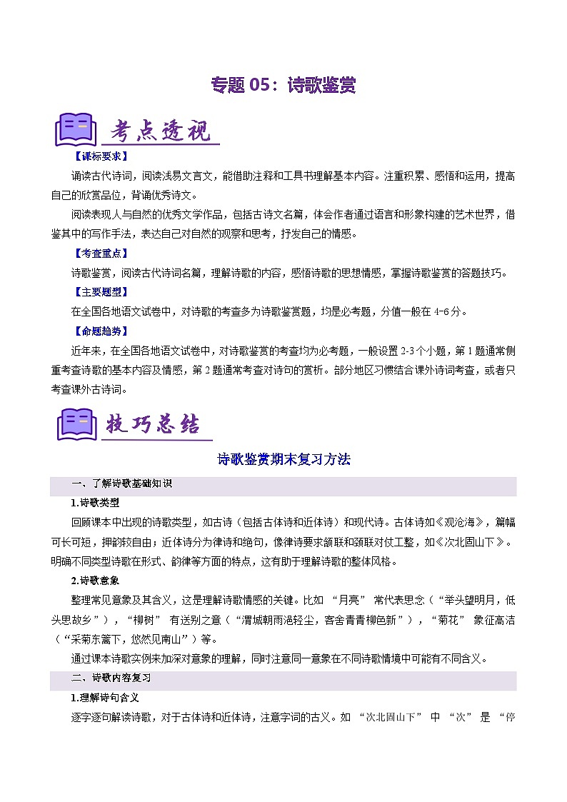 专题05 诗歌鉴赏（十大题型总结）（考点清单）-2024-2025学年七年级语文上学期期末考点（统编版2024）01