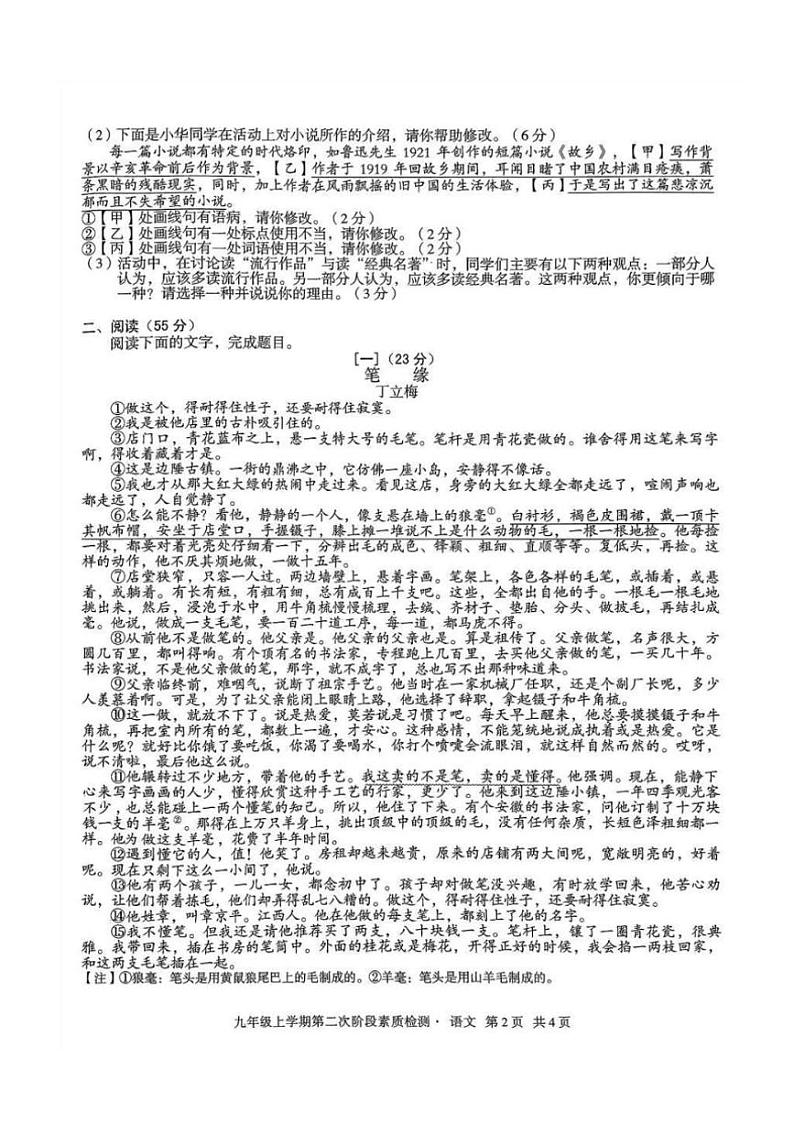 安徽省淮北市第一中学2024～2025学年九年级上学期11月期中语文试题（含答案）02