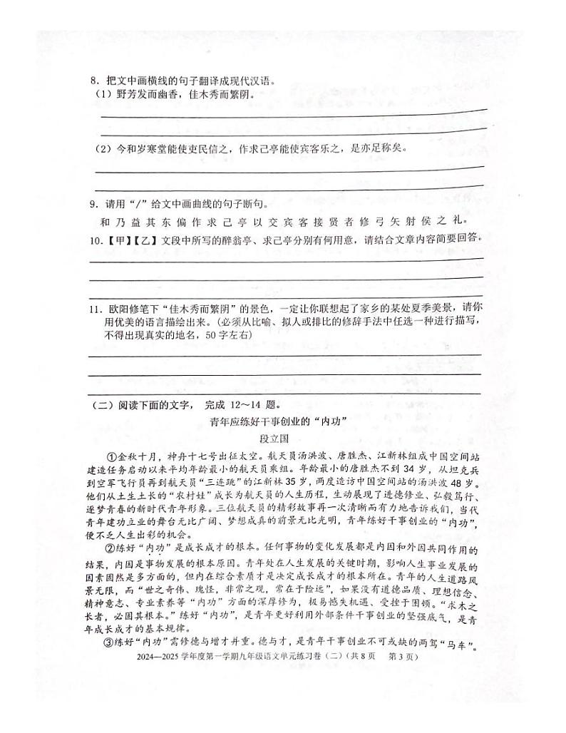 广东省汕头市潮南区峡山街道南里学校2024—2025学年九年级上学期月考语文试卷第3页