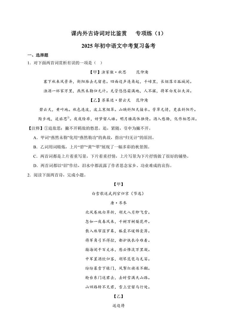 2025年语文中考复习备考 课内外古诗词对比鉴赏专项练第1页