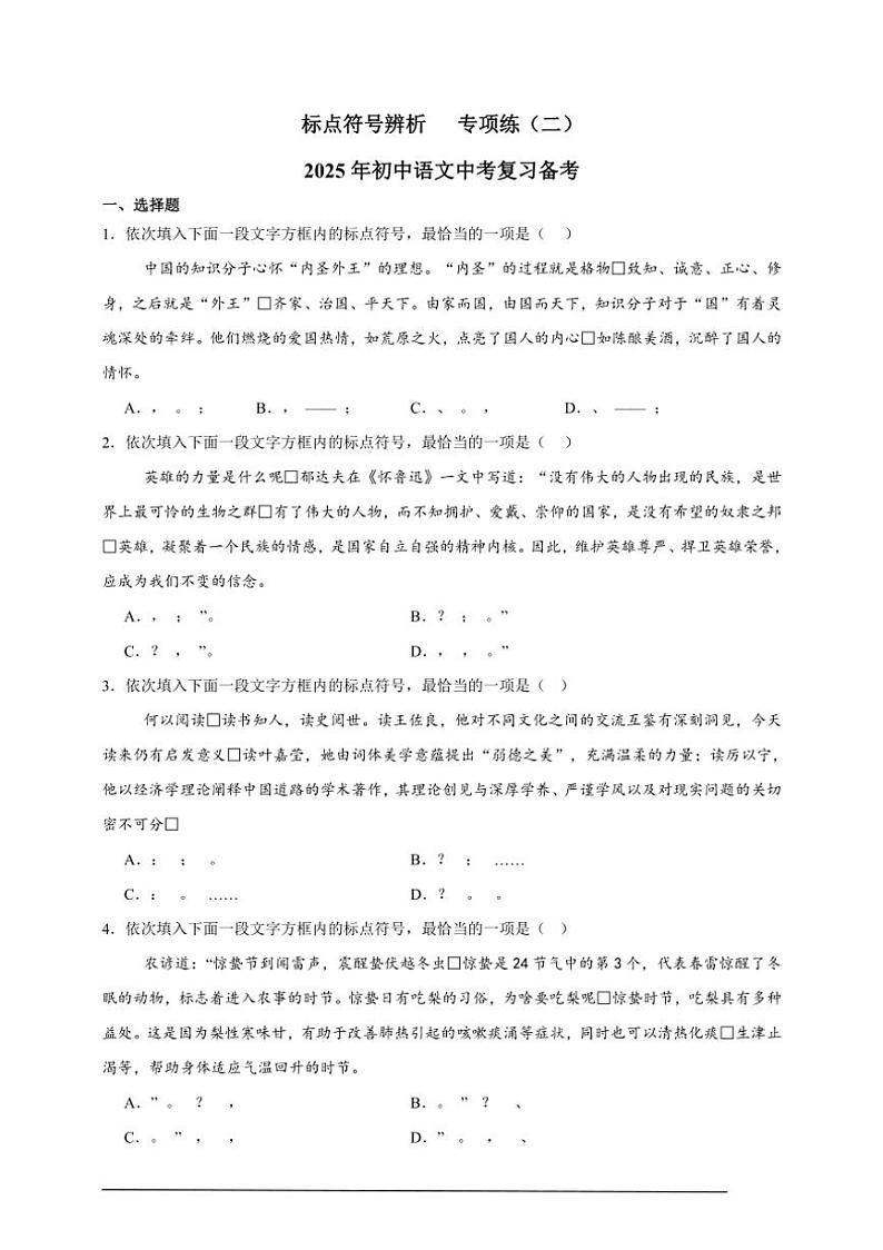 2025年语文中考复习备考专项练 标点符号辨析（三）第1页