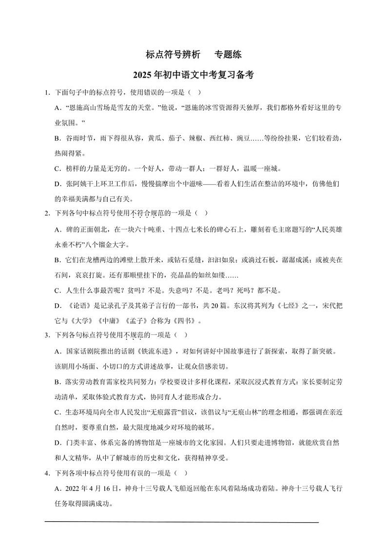 2025年语文中考复习备考专项练 标点符号辨析（一）第1页