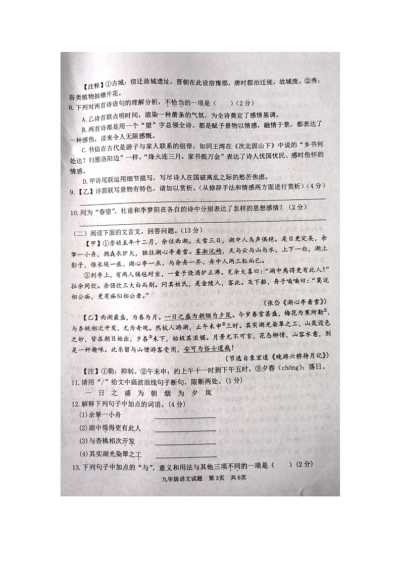 山东省枣庄市薛城区2024-2025学年九年级上学期11月期中语文试题第3页