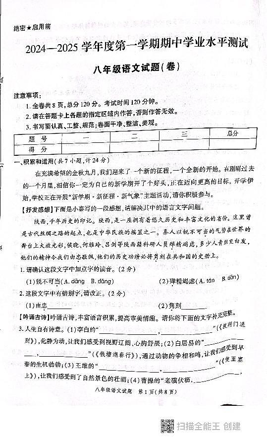 陕西省西安市高陵区2024-2025学年八年级上学期期中学业水平测试语文试卷01