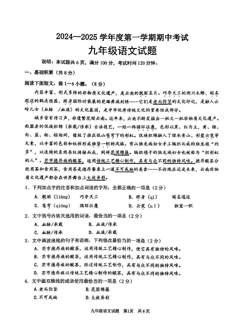 山东省济宁市微山县2024-2025学年九年级上学期11月期中语文试题01